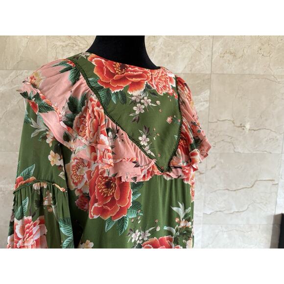 Farm Rio Elinor Tunic Dress - S Green Pink, Floral Long Sleeve Boho Twee Cottage - Picture 7 of 14